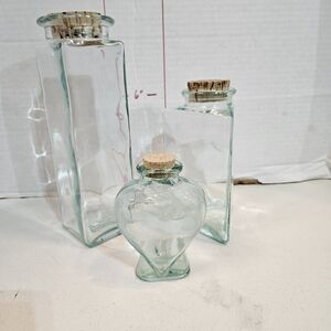 Lot of 3 - Vintage European Green Glass Bottles with Cork Lids